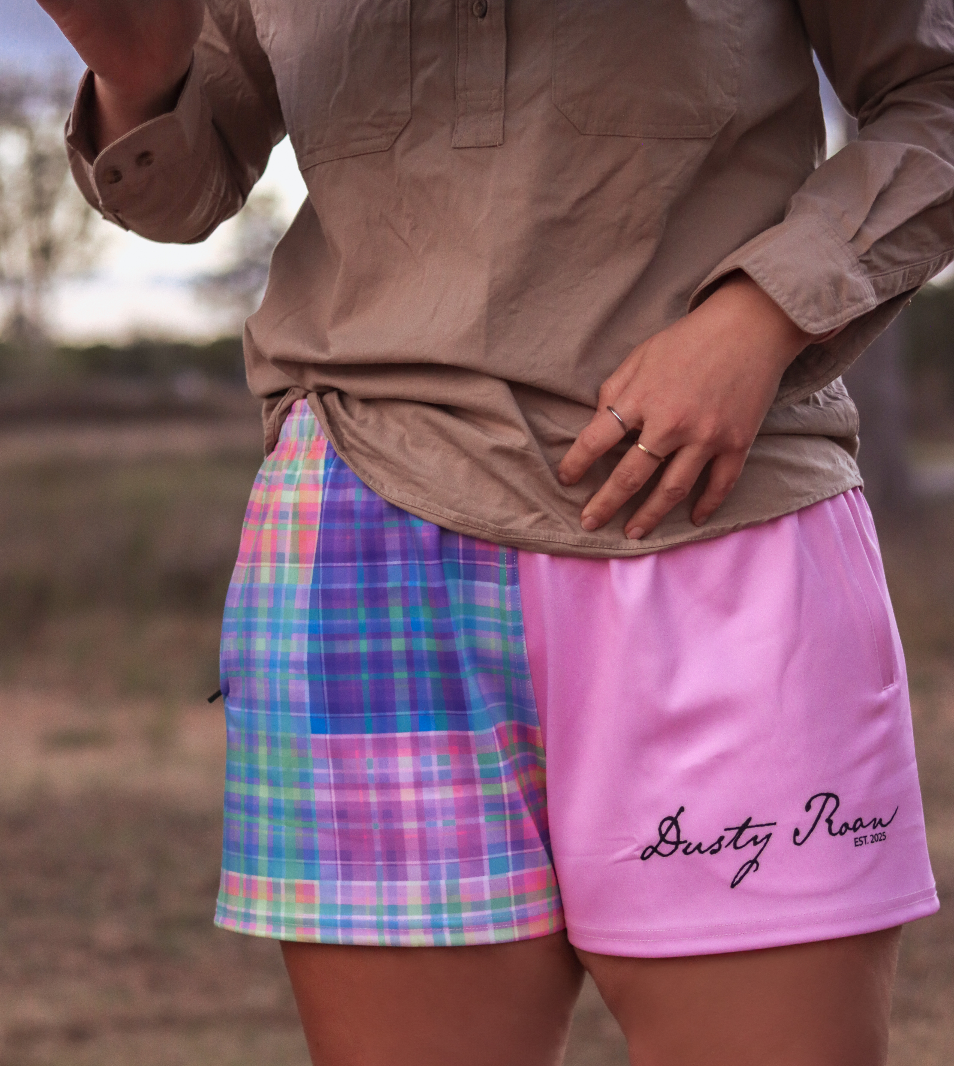 MEDIUM Pink/Rainbow Plaid Shorts - MINOR DEFECT
